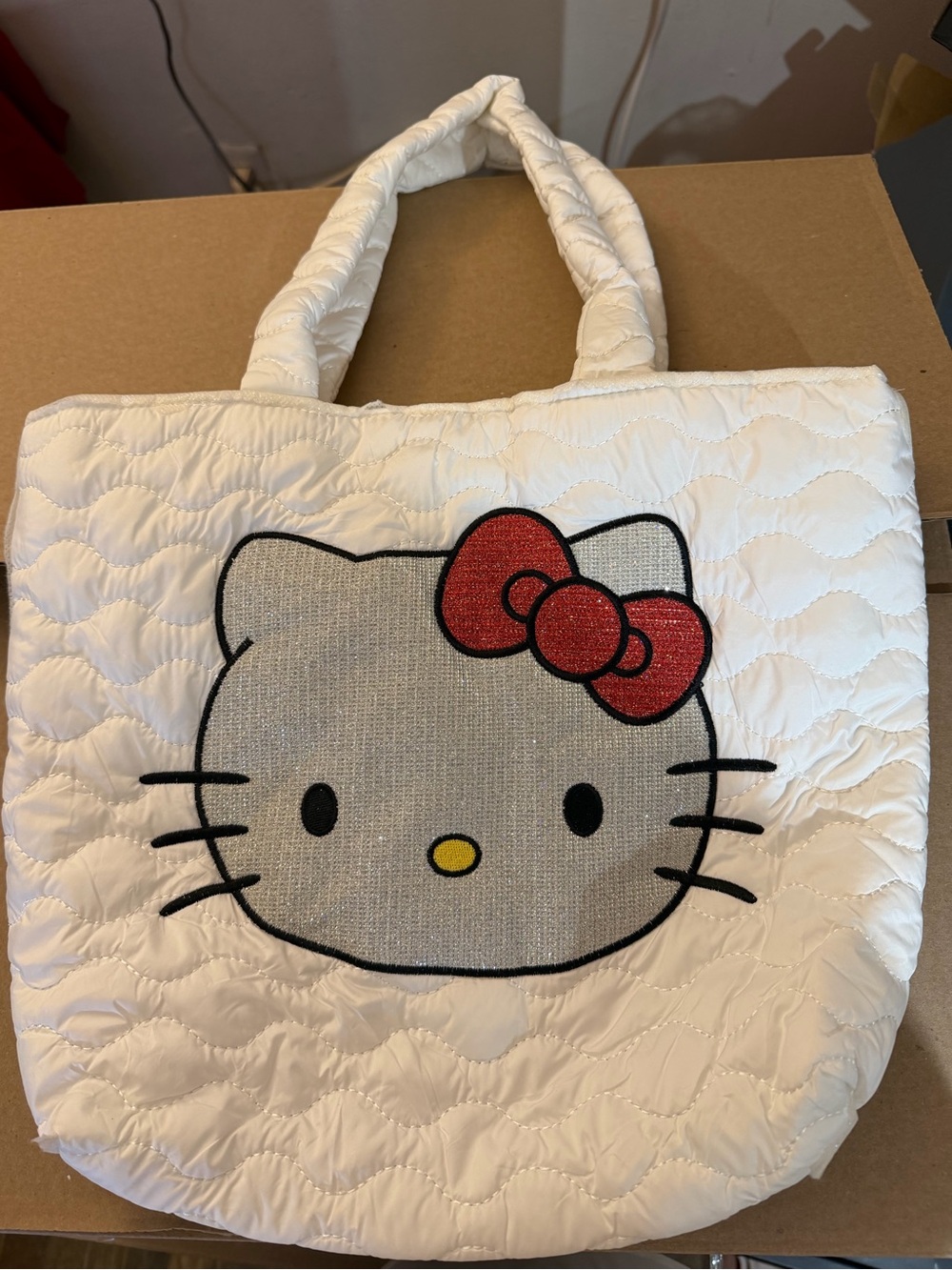 Hello Kitty White Quilted Tote with Red Bow Accent
